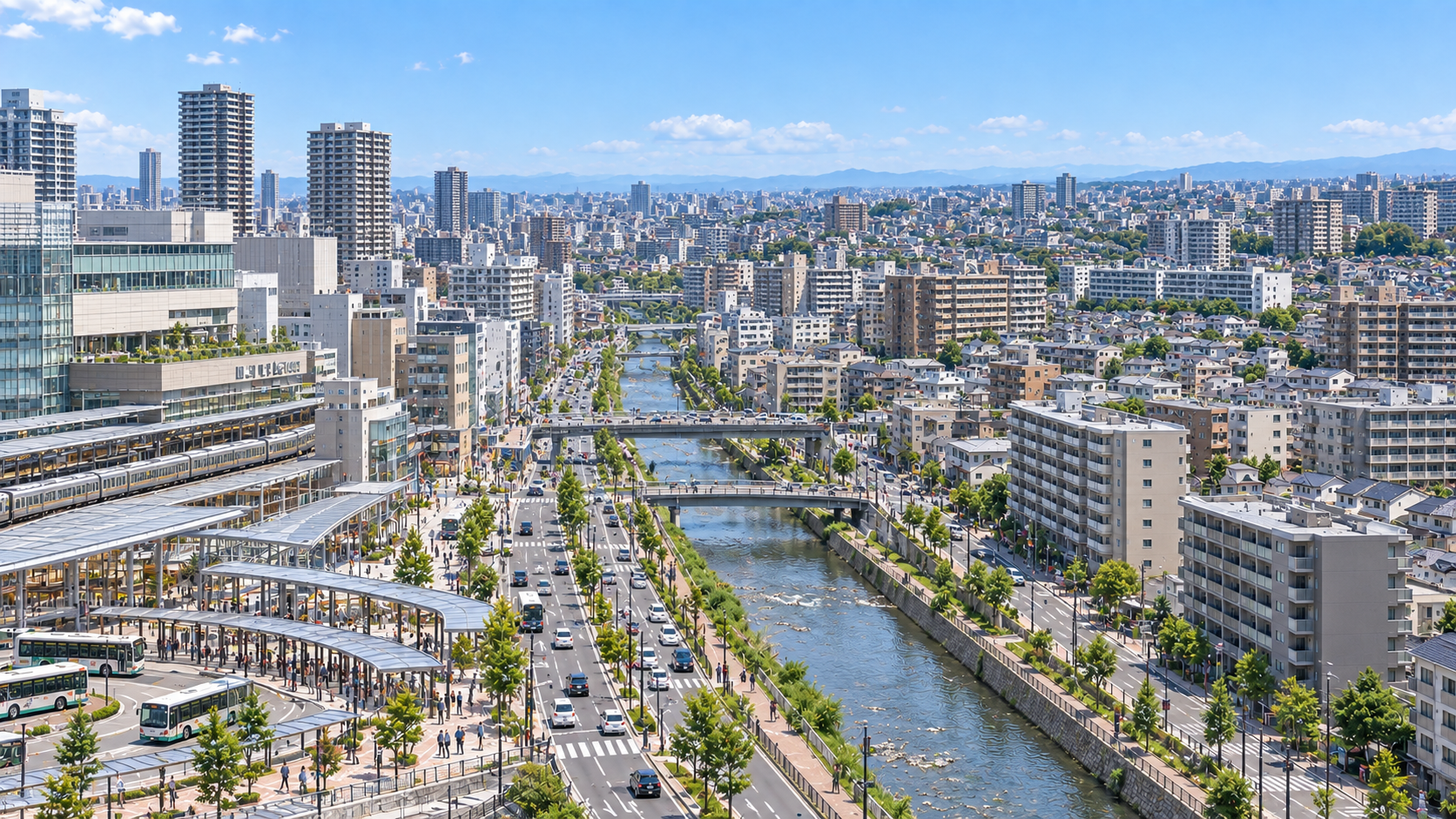 川瀬市の駅前市街地、丘陵住宅地、川瀬川、北部の里山を一望する地区イメージ