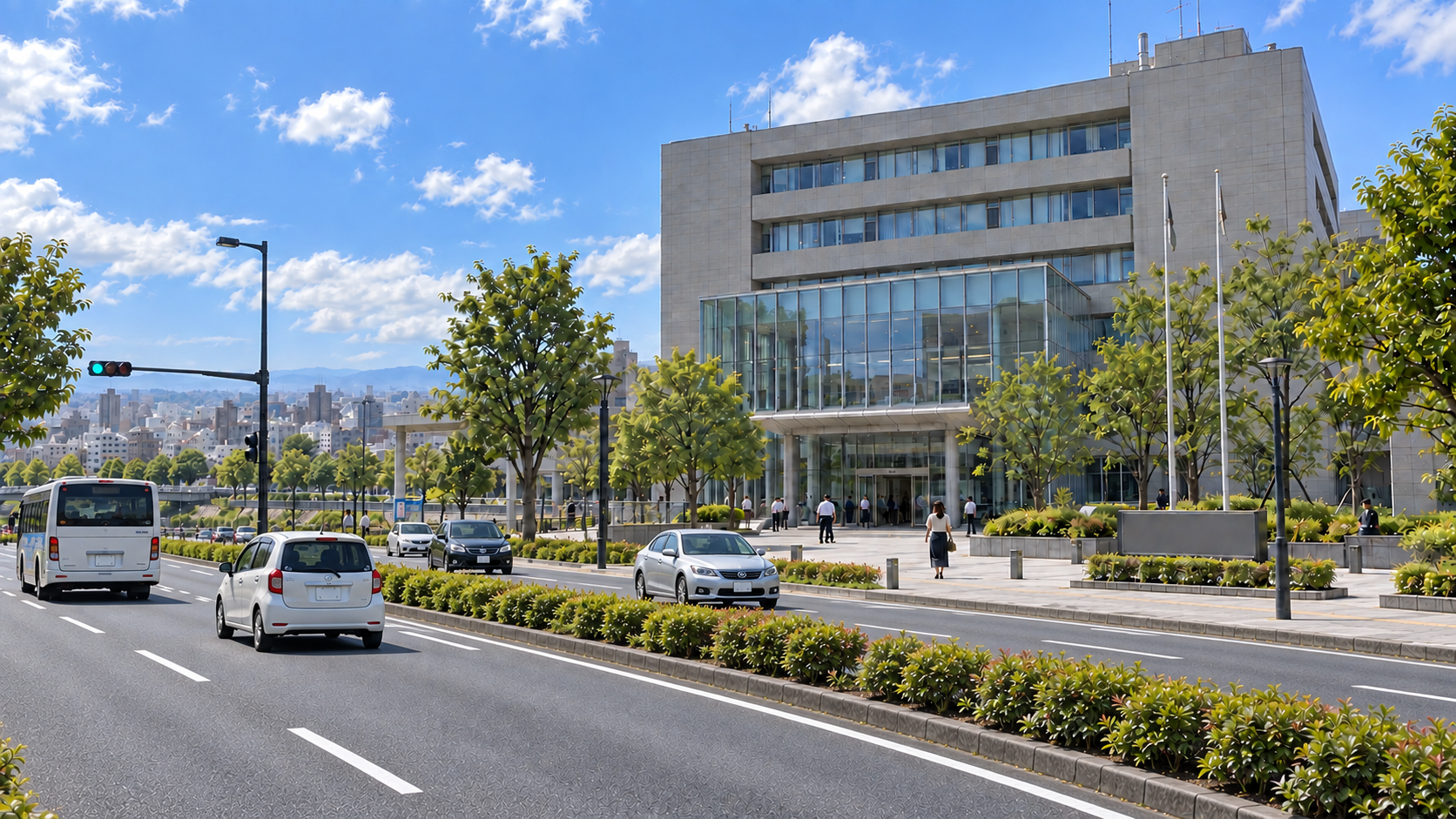 川瀬川沿いの遊歩道から見た川瀬市街地と丘陵