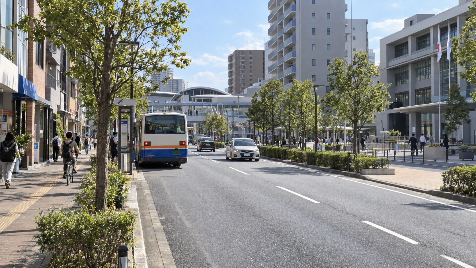 JR川瀬駅と阪急川瀬駅の間にある市役所前の駅間連絡通りと川瀬交通のバス停
